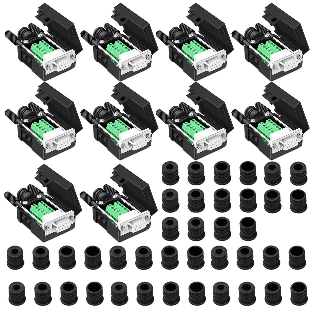 10PCS DB9 Female Breakout Connector,DB9 Solderless RS232 D-SUB Serial to 9-pin Port Terminal Adapter Connector Breakout Board with Case Long Bolts Tail Pipe 10PCS Female Adapter