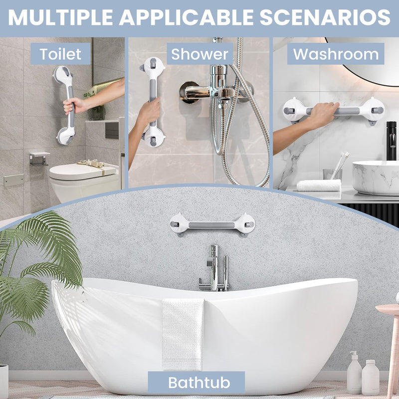 Reyiu Grab Bars for Shower, 16.5 Inch Shower Handle with Safety Indicators, Suction Cup Bathroom Grab Bar for Elderly, Seniors, Handicap - No Drill, Waterproof, Removable (2 Pack) 2 Pack Light Gray