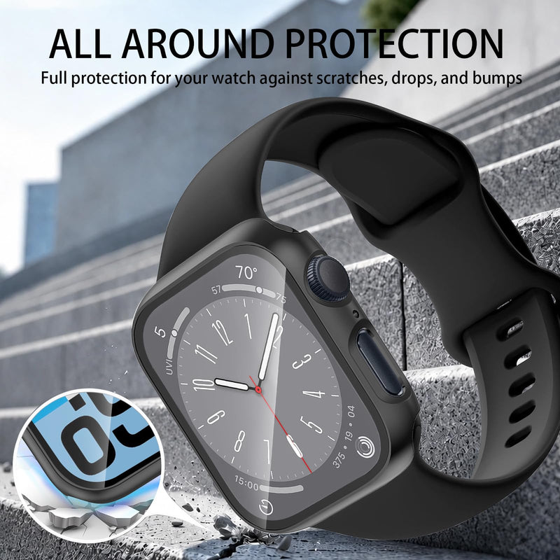 Case and Band for Apple Watch Band 40mm 41mm 44mm 45mm 42mm 49mm Women Men, Soft Silicone Replacement Strap, Protective Cover Screen Protector for iWatch Series 9 8 7 6 5 4 SE Ultra Black 44mm(Series 6/5/4/SE)