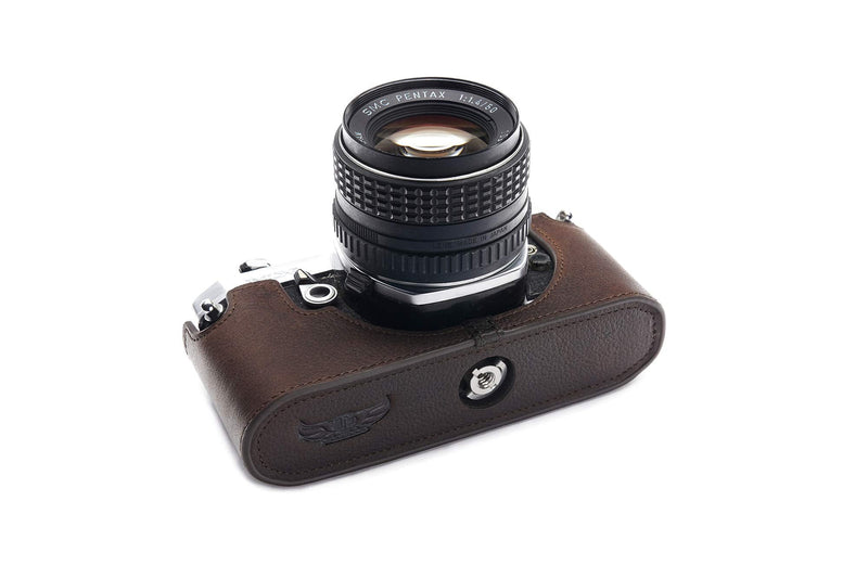 Pentax MX ME Case, BolinUS Handmade Genuine Real Leather Half Camera Case Bag Cover for Pentax MX ME Camera with Hand Strap (Coffee) Coffee