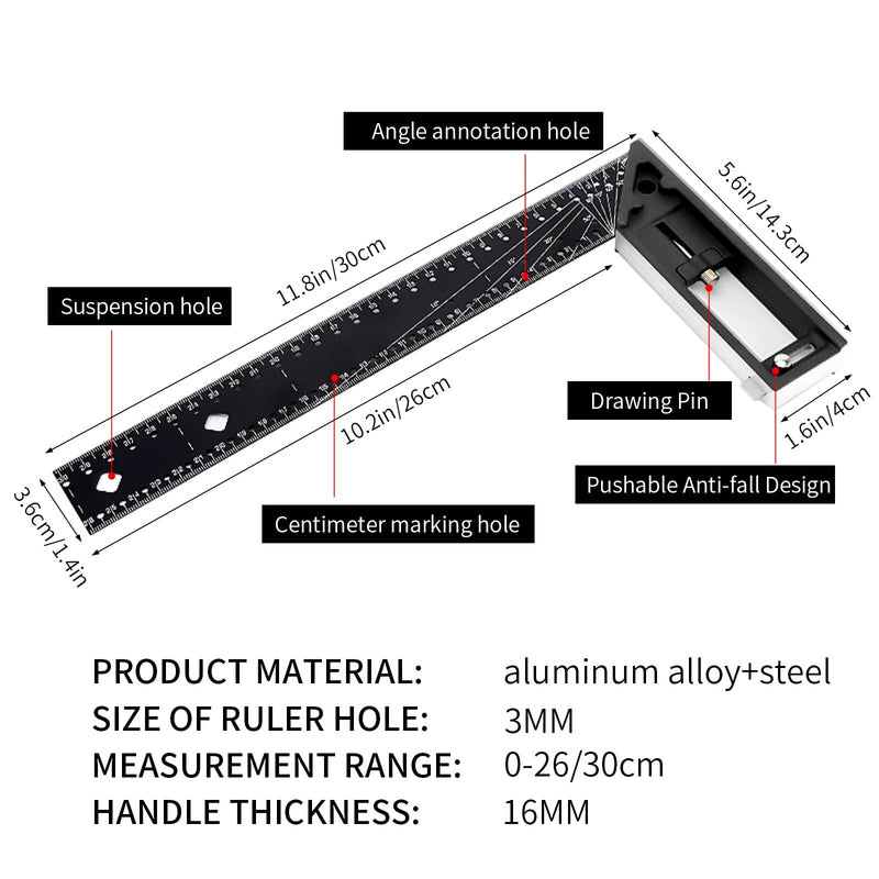 12" Woodworking Square Ruler, 2025 Newest Carpenter Square, Combination Framing Square, Adjustable Square 10-90 Degrees, L Square for Precise Measuring, Drawing, Woodworking, L Shape Ruler (Black) Black