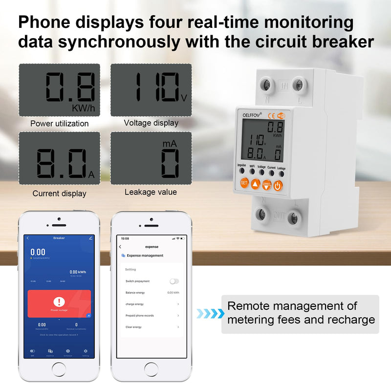 WiFi Circuit Breaker Smart Miniature Circuit Breaker - Single Phase AC85-300V 63A, Din Rail Mount, for Leakage, Over/Under Voltage and Over Current Protection (Top Input, Bottom Output) White (Top Input, Bottom Output)