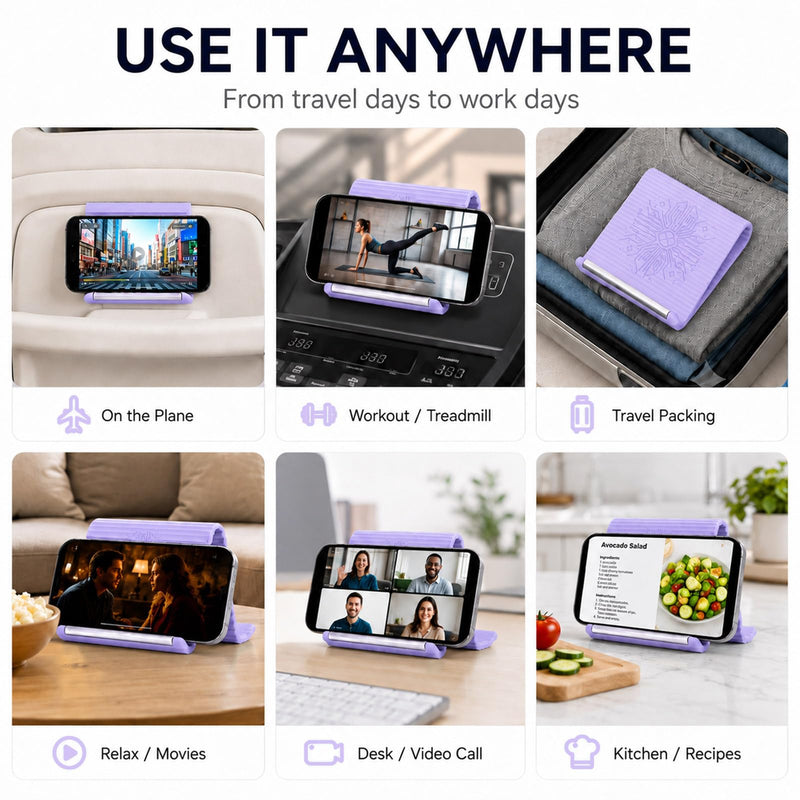 Airplane Phone Holder, Portable Travel Phone Stand, Lavender | Flexible Silicone Aluminum Core Airplane Phone Holder, Textured Non-Slip, Folded into Any Shape, for Bed,Treadmill,Seat Back Lavender-1PCS