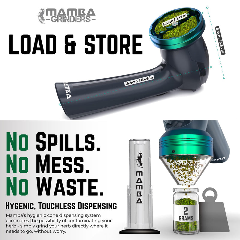 Mamba Loader XL 2g Gray USB Electric Herb Grinder. Small Portable Metal Herbal Machine & Spice Mill for the Kitchen Anchor Gray & Green