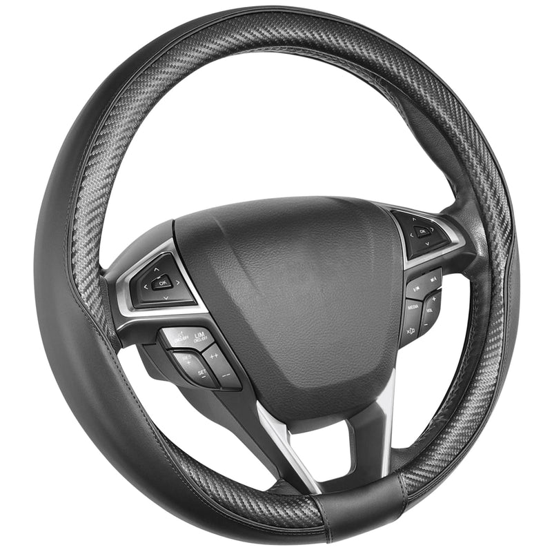 SEG Direct Car Steering Wheel Cover Universal Standard-Size 14 1/2"-15" Leather with Carbon Fiber Pattern Black Standard size[14 1/2''-15''] 2. Carbon Fiber-Black