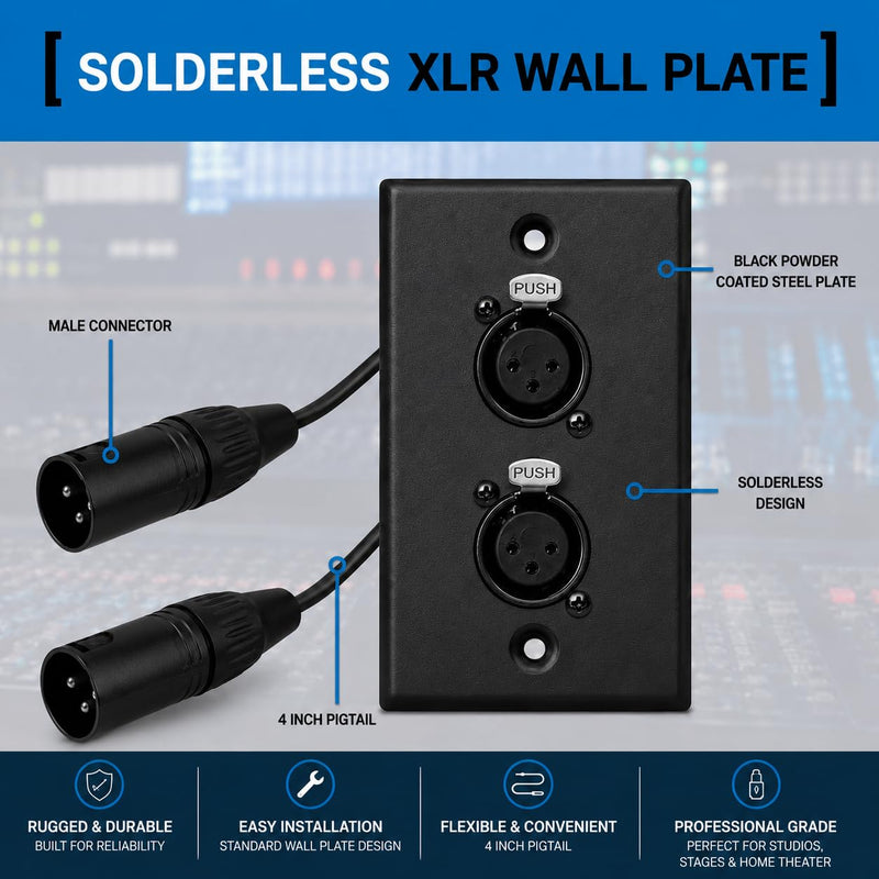 DIYTECH Black XLR Wall Plate, Solderless, No Solder, Audio Wall Plate, for Pro Audio Installation (Female to Male 2-Port)