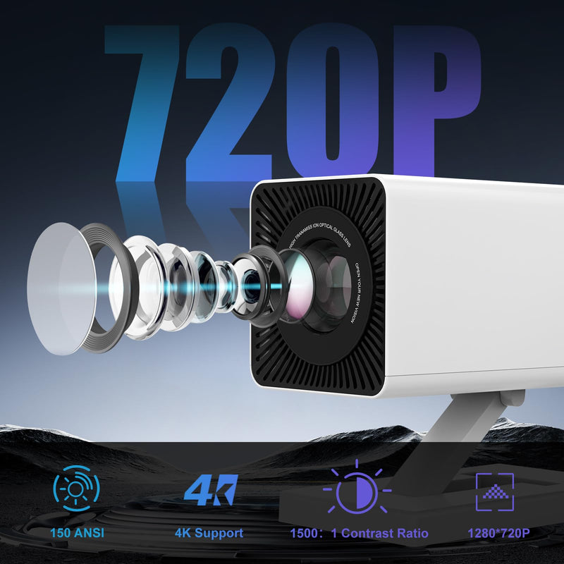 Mini Projector, 4K Portable Video Projector with WiFi6 & Bluetooth 5.4, 150 ANSI Lumen, Automatic Vertical Correction, 130'' Screen Home Cinema Smart Projector for Phone, PC, HDMI USB, Laptop P3 White