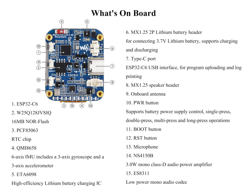 ESP32-C6 1.69inch LCD Development Board, 240x280 262K IPS LCD, Supports Wi-Fi 6 / BLE 5, 160MHz RISC-V Processor, ESP32 with Display, AI Speech, Support AI Voice Interaction, with Speaker