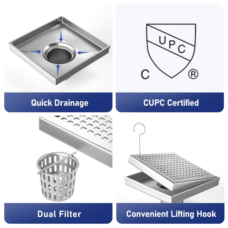 Square Shower Drain 6", 304 Stainless Steel Floor Drain w/Hair Strainer, Grid Shower Drain w/CUPC Certified, Brushed 6 Inch