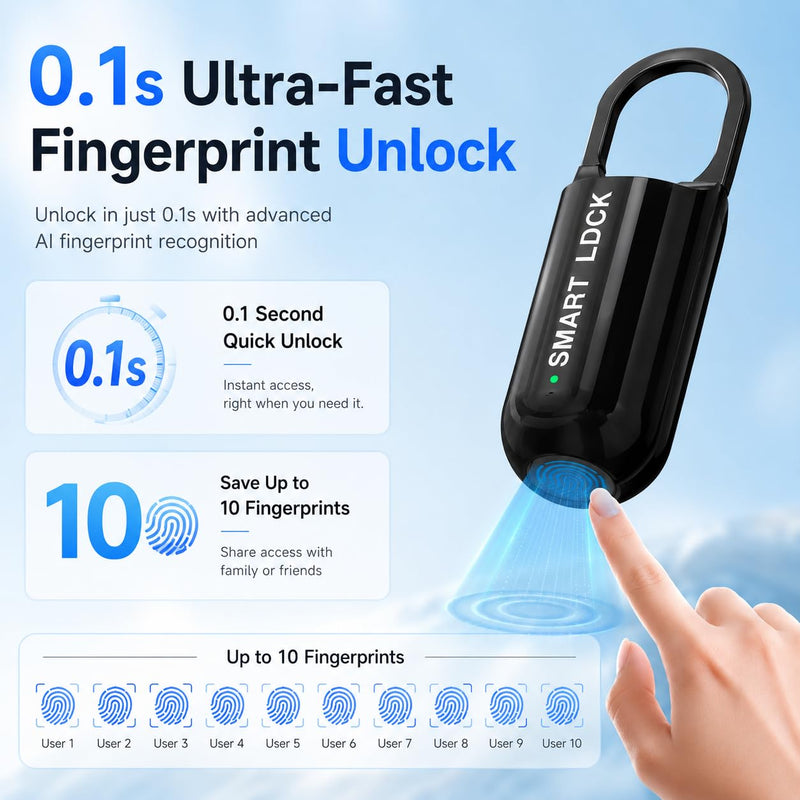 Smart Fingerprint Padlock for Locker, Small Rechargeable Fingerprint Lock, Keyless Biometric Thumbprint Padlock for Gym School Locker, Suitcase, Backpack Black