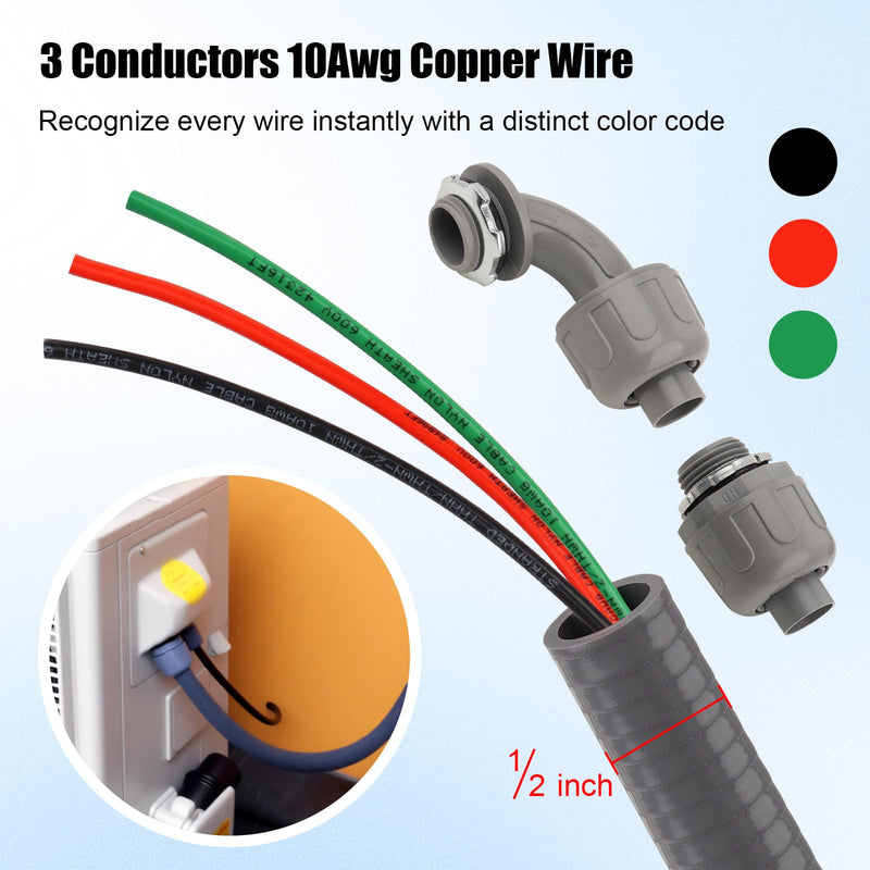 1/2Inch Power Whips Assembly, 4FT Nonmetallic Liquid Tight Flexible Conduit Wire with 3 Conductors 10 Gauge THHN Electrical Wires, A/C Hook-up Whip Kit Electrical Wire(4FTx1/2Inch) Teminal