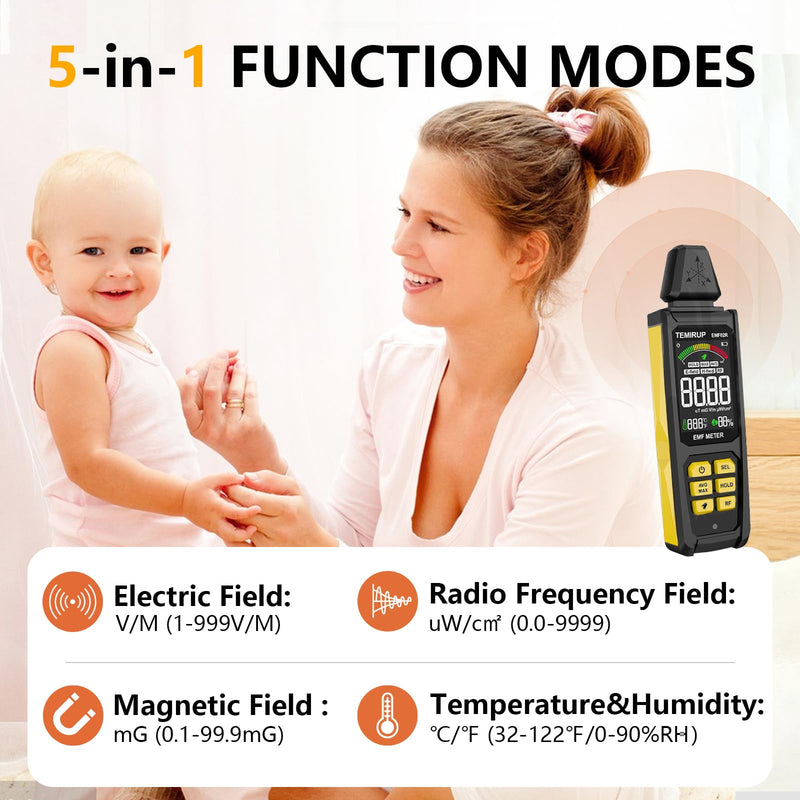 5-in‑1 EMF Detector, Electromagnetic Field Radiation Detector for EF, RF, MF, WiFi,5G Signal, Temperature/Humidity Measurement, Rechargeable EMF Meter for Home, Office, and Paranormal Investigation Yellow
