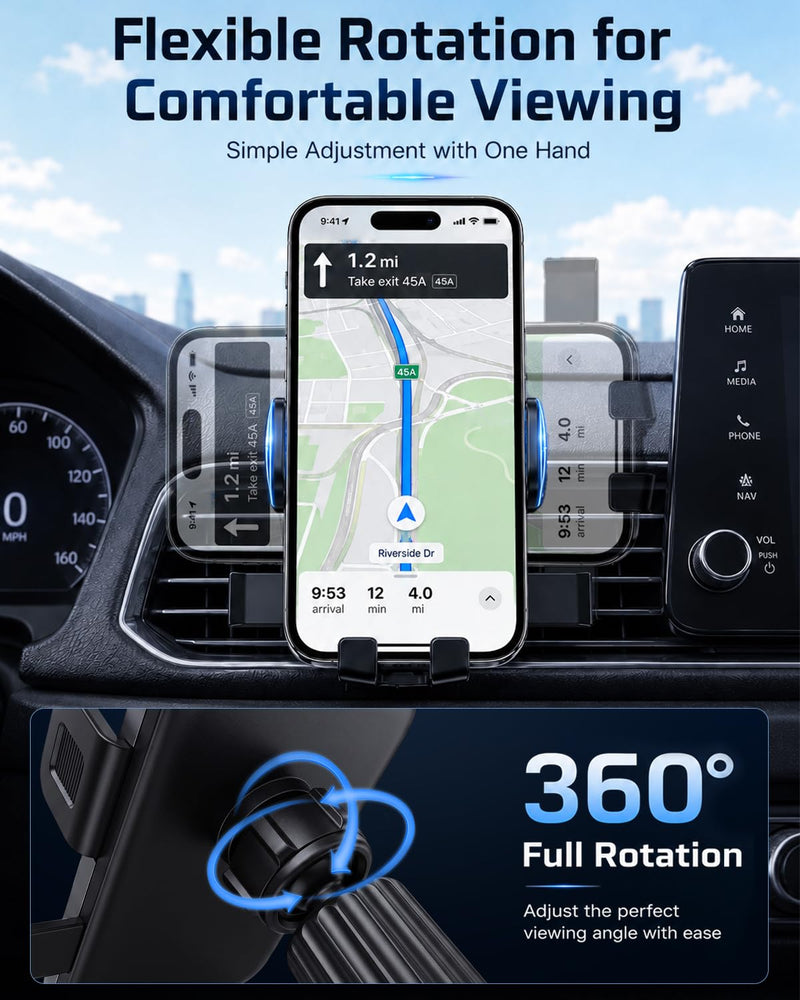 Car Vent Phone Mount, Air Vent Car Cell Phone Holder, 360° Rotating Anti-Slip Stand Compatible with Thick Case & All 4-7.2" Smartphones