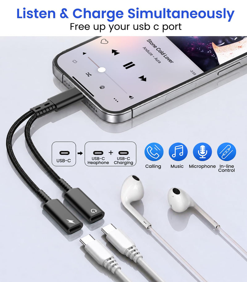 USB C Splitter 1 in 2 Out, Dual USBC Splitter with Charger & Headphone | USB-C Audio Adapter with PD 60W Fast Charging, Type C Dongle Cable for Apple iPhone 15 16 17/iPad Pro/Pixel/Galaxy