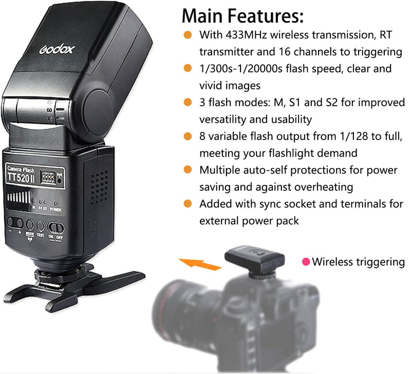 Godox TT520II Universal Hot Shoe Wireless Transmission Flash Speedlite | Built-in Receiver and RT Transmitter, Compatible for Canon Nikon Sony Olympus and Other DSLR Cameras with Standard Hot Shoe