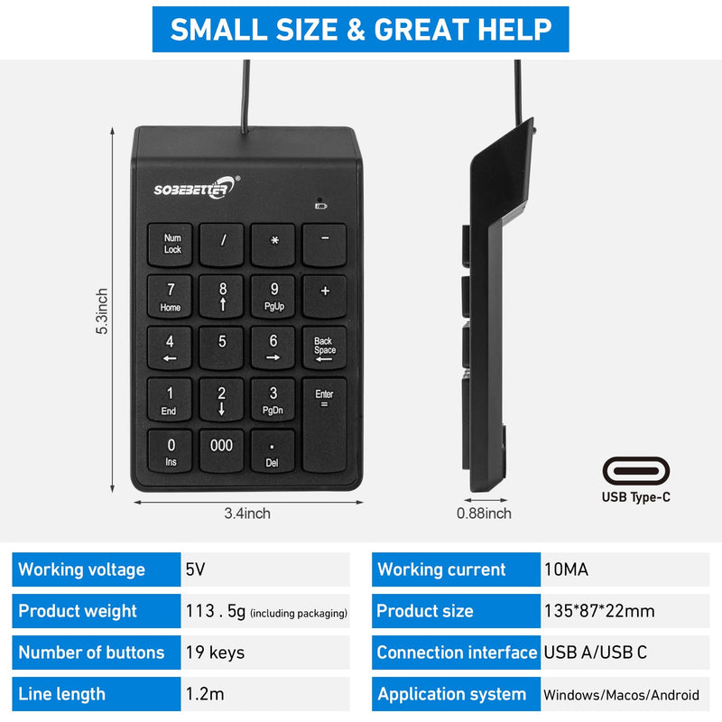 Type C Number Pad, USB 19 Keys Mini Number Keyboard Plug & Play Financial Accounting Numpad Office Home Portable Slim Numeric Keypad for Laptop Phone PC Tablet Notebook (Black) Black