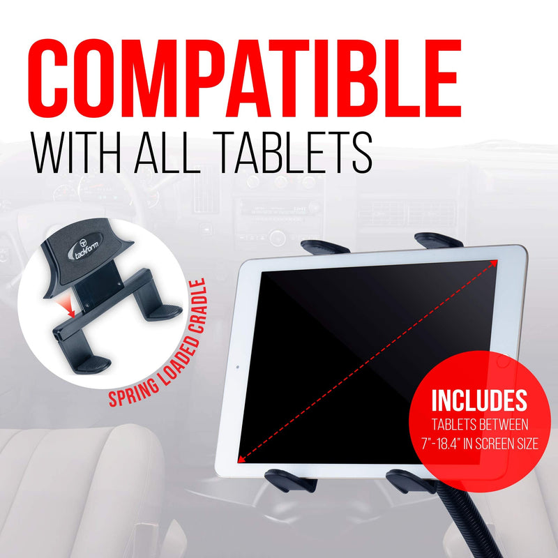 Tackform Tablet Mount for Car and Truck Industrial 18 Inch Aluminum Rod Gooseneck Seat Rail Holder for Taxi, Van, Vehicle, Semi, etc. Compatible with iPad, Galaxy, Surface Pro and More.