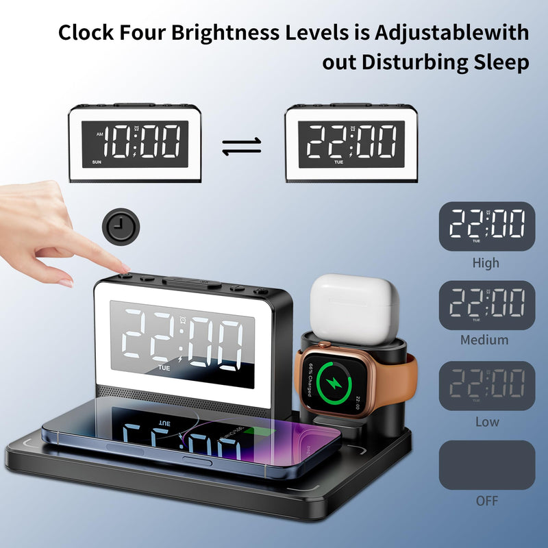 Wireless Fast Charging Station - 7 in 1 Alarm Clock with Wireless Charger Stand - Charging Dock for Apple,for Samsung Galaxy Multiple Devices - for iPhone Watch,for Airpods (Black) Black