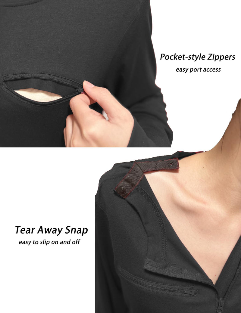 Chemo Shirts for Women with Port Access and Side Snaps Long Sleeve for Post Surgery Recovery Dialysis Comfort Shirt Black Medium