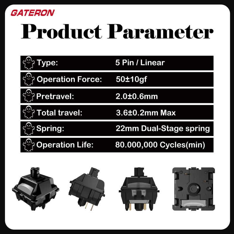 Gateron Ghost Switches for Mechanical Gaming Keyboard,5-Pin 48gf RGB SMD Dual-Stage Spring Pre-Lubed Full POM Linear Switches(90PCS) 90Pcs Ghost switch with light guide