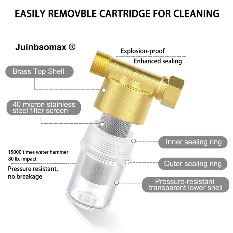 XZ03 Reusable Brass Sediment Filter, 40 Micron Washer Water Filter System, for Washing Machine, Heater, Camping, Protecting Appliances, Reduces Clothes Yellowing, Anti Scale Shower Filter