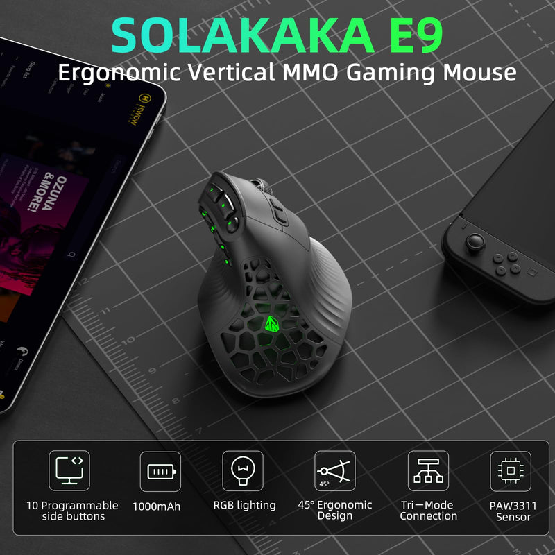 SOLAKAKA E9 PRO Ergonomic Vertical MMO Mouse with 10 Side Buttons,Black | 24800 DPI,45° Vertical Grip,Tri-Mode 2.4G/BT/USB-C,RGB,Web Driver,Programmable Macros for PC/Mac black