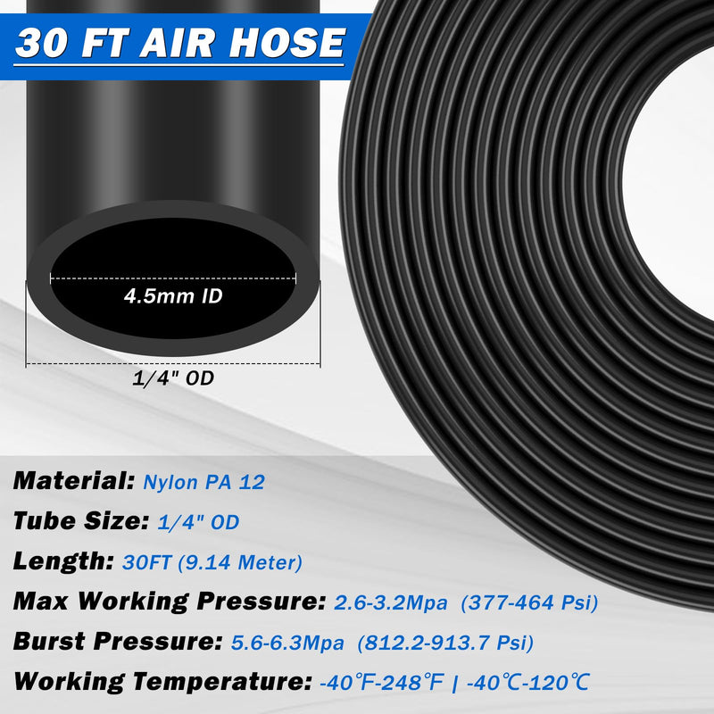 1/4" Air Line Service Kit for Air Bags Suspension Kit with Brass DOT Air Brake Fittings,1/4 DOT Air Fittings, 30 FT (9.1M) DOT Air Line PA Hose for Air Shock Line Kit Replacement Components 30 FT-Black