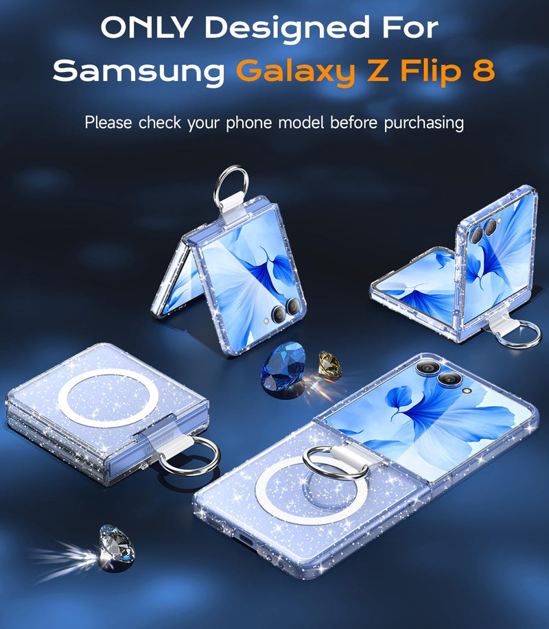 for Samsung Galaxy Z Flip 8 Case Magnetic, Z Flip8 with Ring, Glitter Clear | Compatible with MagSafe, Military Drop Protection, Glitter Bling Sparkly, Slim Fit Hard PC Rugged Case for ZFlip 8 for Samsung Galaxy Z Flip 8