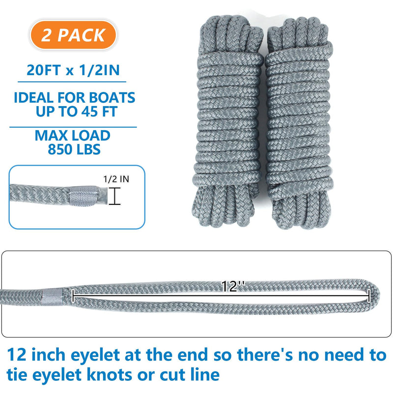 Dock Lines 1/2" x 20ft 25ft, Double Braided Marine Mooring Ropes, Boat Ropes for Docking with 12'' Eyelet Premium Dock Lines for Boats 1/2" x 20' Grey (2 Pk)