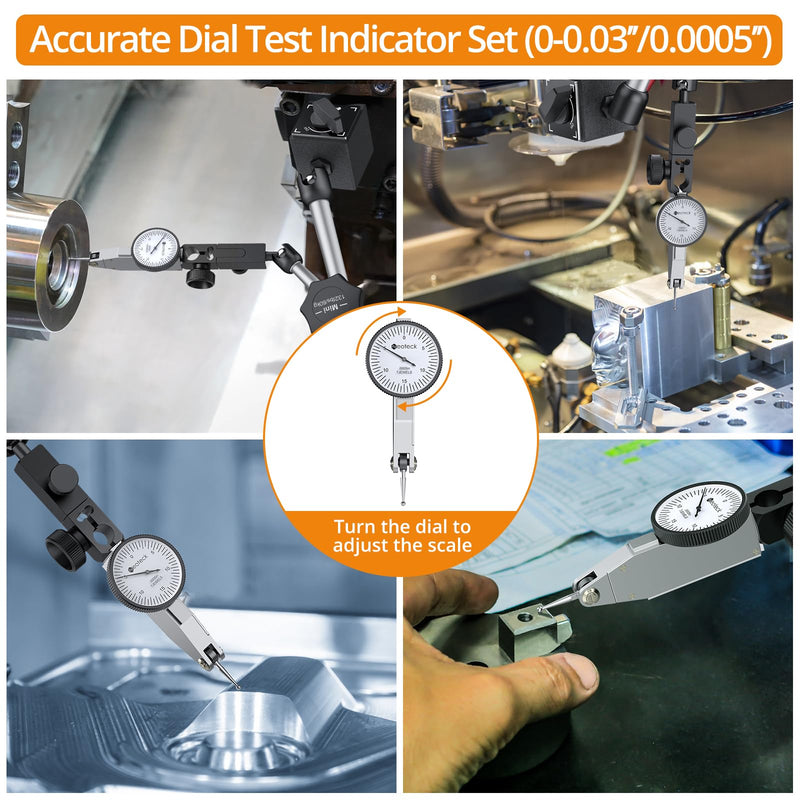 Neoteck 0-0.03"/0.0005" Dial Test Indicator with 132lbs(60kg) Max Pull Magnetic Base Stand Test Indicator Set with 3/8 inch (9.52mm) Clamping Hole for Machine Set-Up and Narrow Area Measurement-Silver Silver Mini-132lbs/60kg Tensile Force