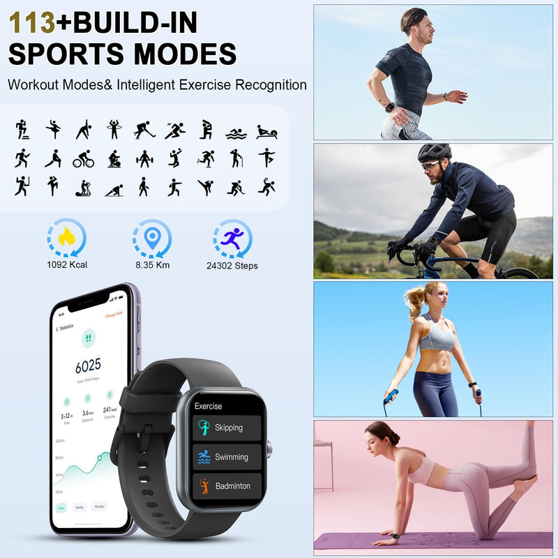 Jugeman Smart Watch for Men Women, 1.96" HD Smartatch(Answer/Make Calls), 113+ Sport Modes, Activity Fitness Tracker with Heart Rate/Sleep Monitor/Pedometer/Calories, IP68 Waterproof for Android iOS A-Black