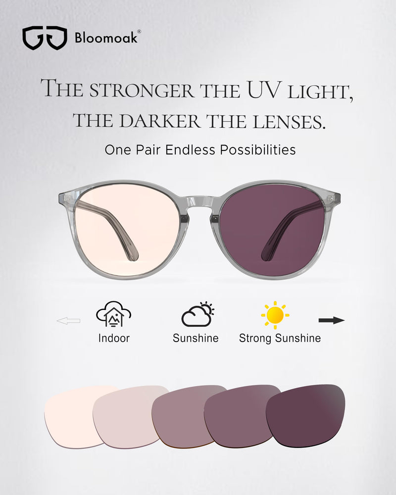 Rose Tinted Migraine Relief Glasses,Round Retro Blue Light Glasses for Light Sensitivity/Fluorescent LED/Photophobia Indoor & Outdoor - Photochromic Lens