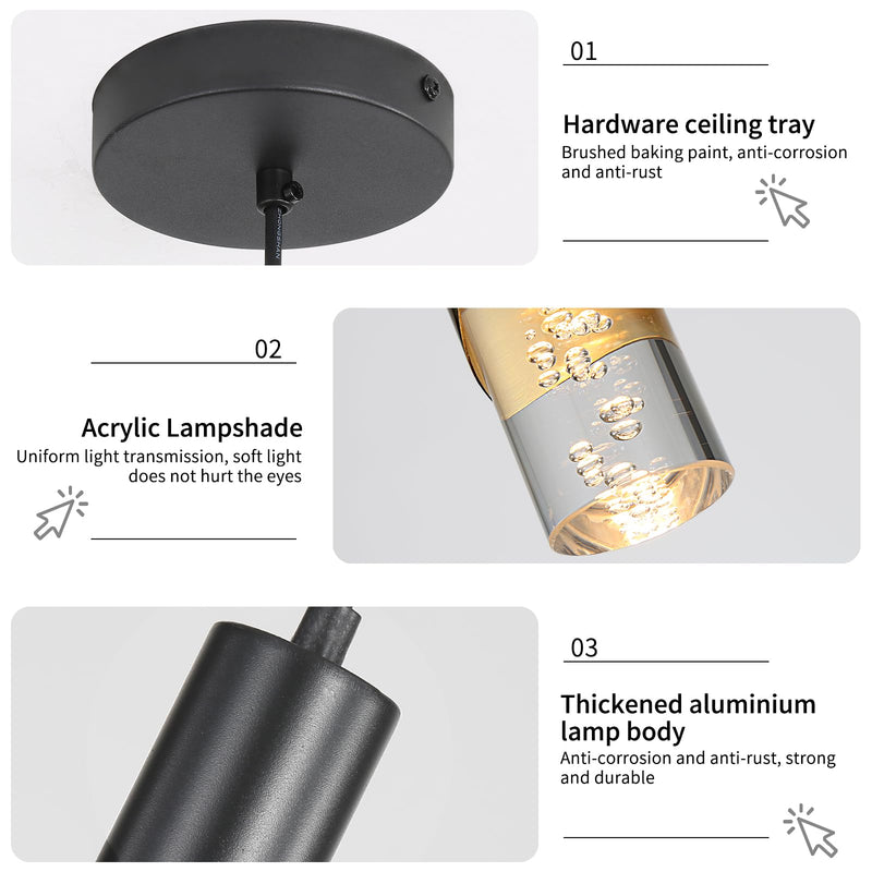 Minimalist Kitchen Island Pendant Lights, Black Modern Linear Hanging Light Fixture, Bubble Acrylic, Adjustable 2700K/4500K/6500K, LED Ceiling Lighting for Dining Room, Bedside, Bathroom, Bar 1 Pack Black Short Bubbles