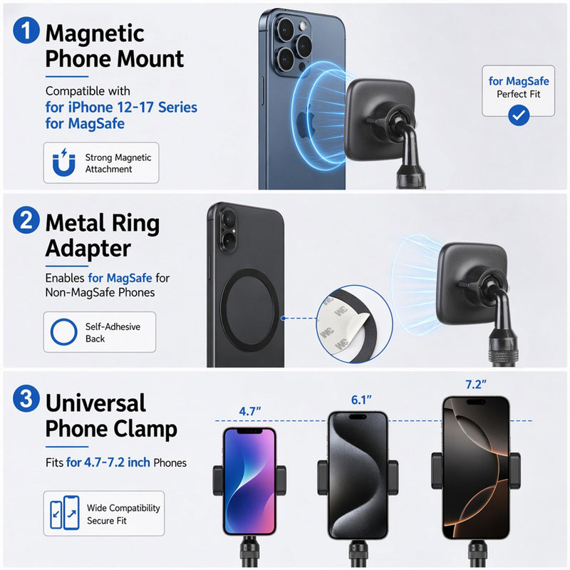 Ground Golf Monopod Phone Stand with Stainless Steel Spike | 46" Metal Extendable Pole, Phone Holder with Power Bank Straps, Golf Swing Video Recording for MagSafe & Smartphones