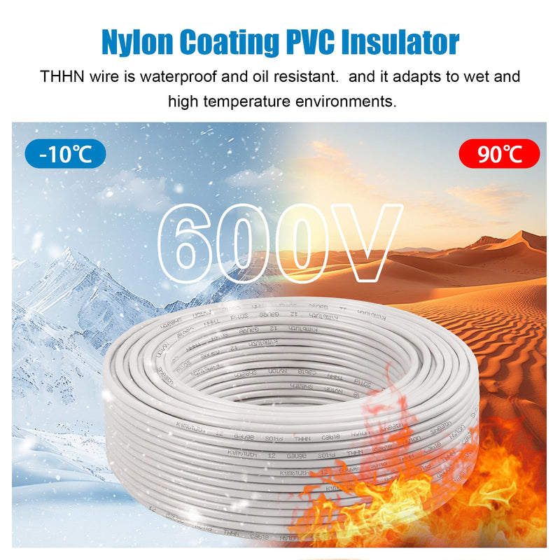 THHN Wire 12 Gauge 50 FT OFC Electrical Wire, 12 AWG Solid Copper Wire Rated up to 600V Building Wire Nylon Jacket for Residential, CNC, Ground, Industrial (12 Gauge, White) 12 Gauge 50FT