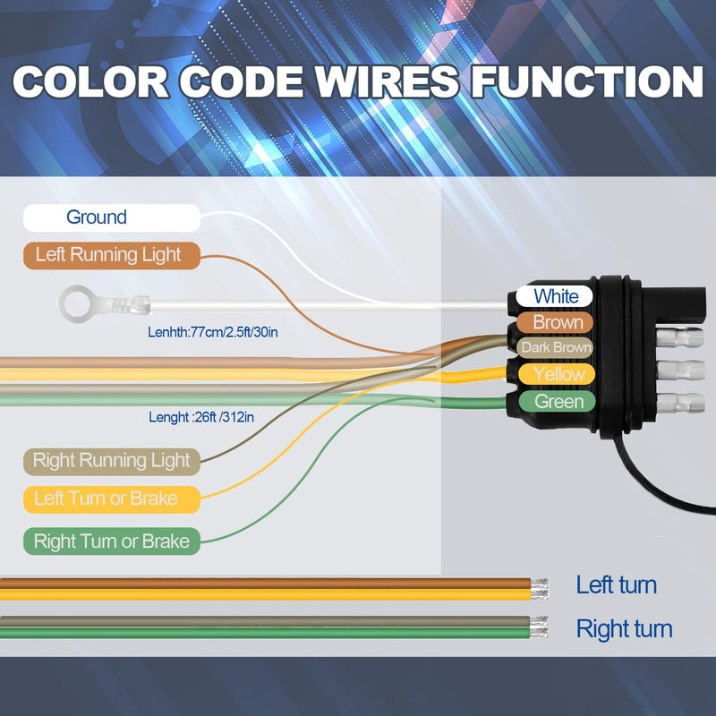 26FT Trailer Wiring Harness Kit, 4 Pin 5 Wire Trailer Wiring Harness, Boat Trailer Wiring Harness, 5 Wire 4 Pin Flat Trailer Connector, for Connection of Tail Lights, Brake Lights and Turn Signals 26FT