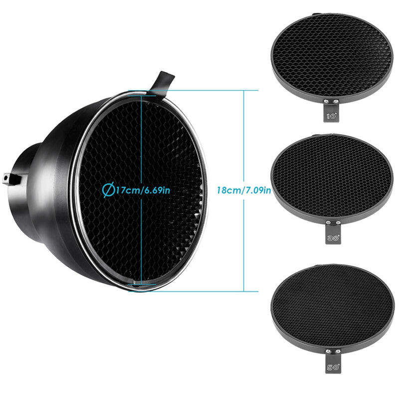 Neewer 7inch/ 18cm Standard Reflector Diffuser with 10/30/50 Degree Honeycomb Grid for Bowens Mount Studio Light Strobe Flash NK-NABOGD-103050