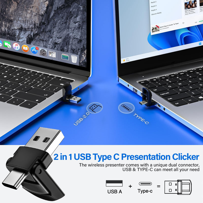 2-in-1 USB Type C Presentation Clicker, Wireless Presentation Clicker PowerPoint Presenter Remote with Volume Control, Powerpoint Clicker with Slide Advancer for Computer/Laptop/Mac A-F10 A-USB+TYPE-C