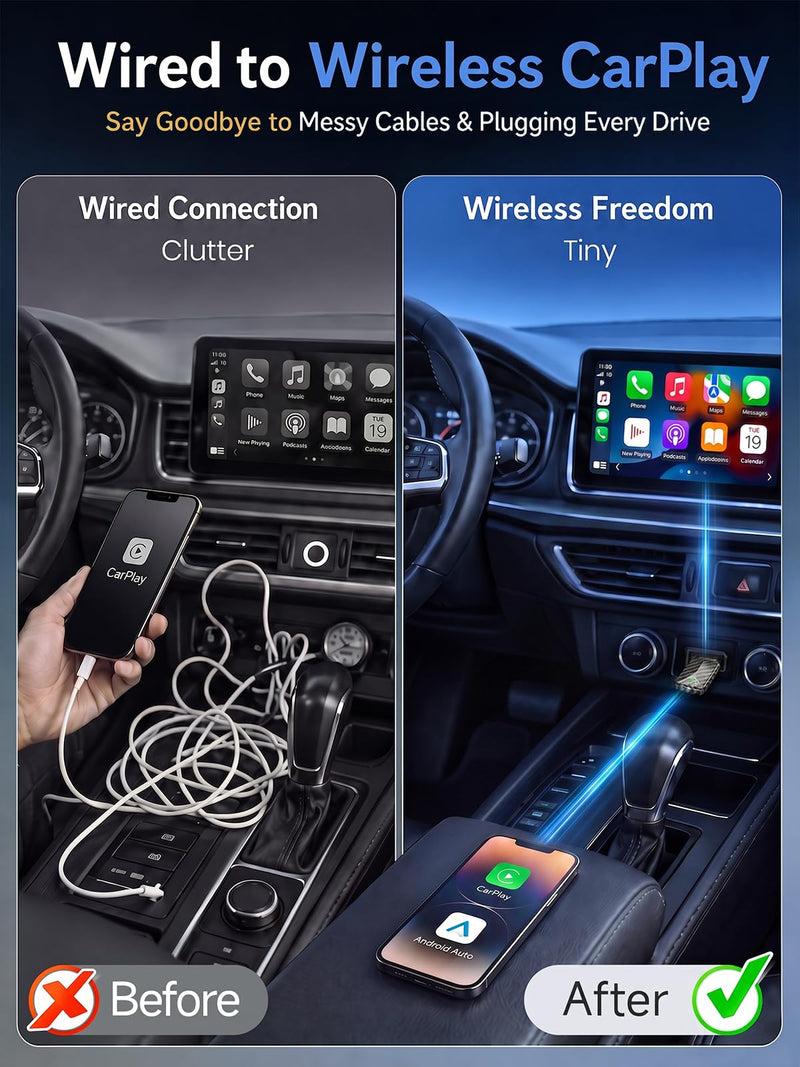 Carbon Fiber Wireless Android Auto & CarPlay Adapter, Wired to Wireless | Auto Reconnect, Fast Stable on Rough Roads, Gold-Plated USB, Mini Design, Easy to Use, Plug & Play with OEM Wired Cars 2016+ Carbon