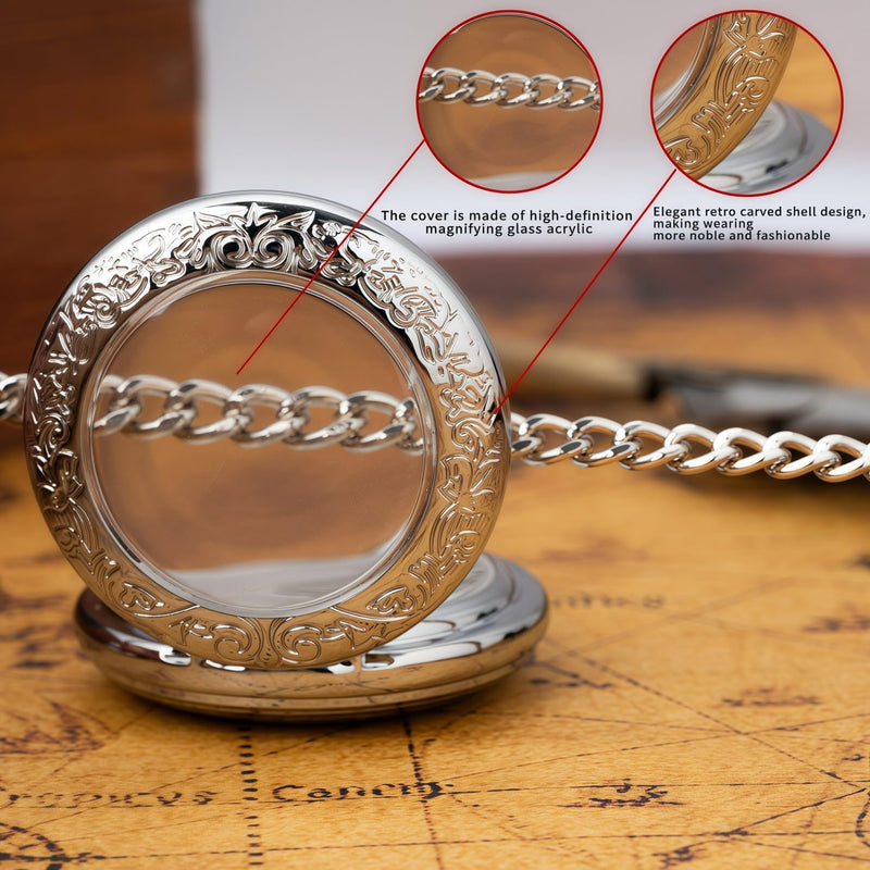 Mechanical Pocket Watch, for Men Women Special Magnifier Half Hunter Engraved Case Roman Numerals with Chain Ab. Silver Blue