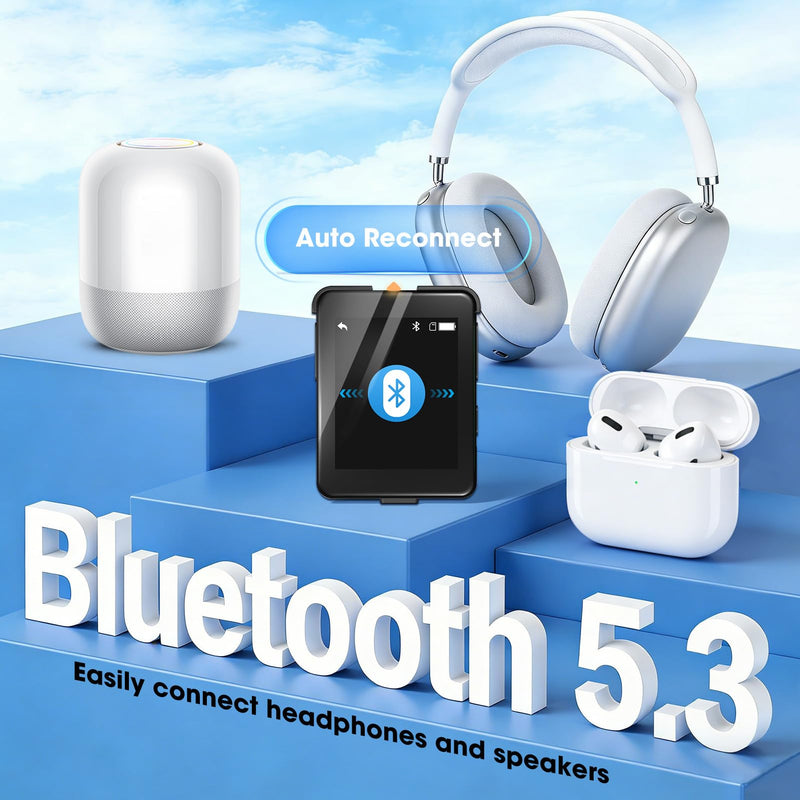 Bluetooth 5.3 Mini MP3 Player, 1.8" Touchscreen Portable Tiny Music Player with Speaker, FM Radio, Voice Recorder, Pedometer, Detachable Sports Clip with Earphones, 8GB Expandable up to 128GB, Black 8.0 GB