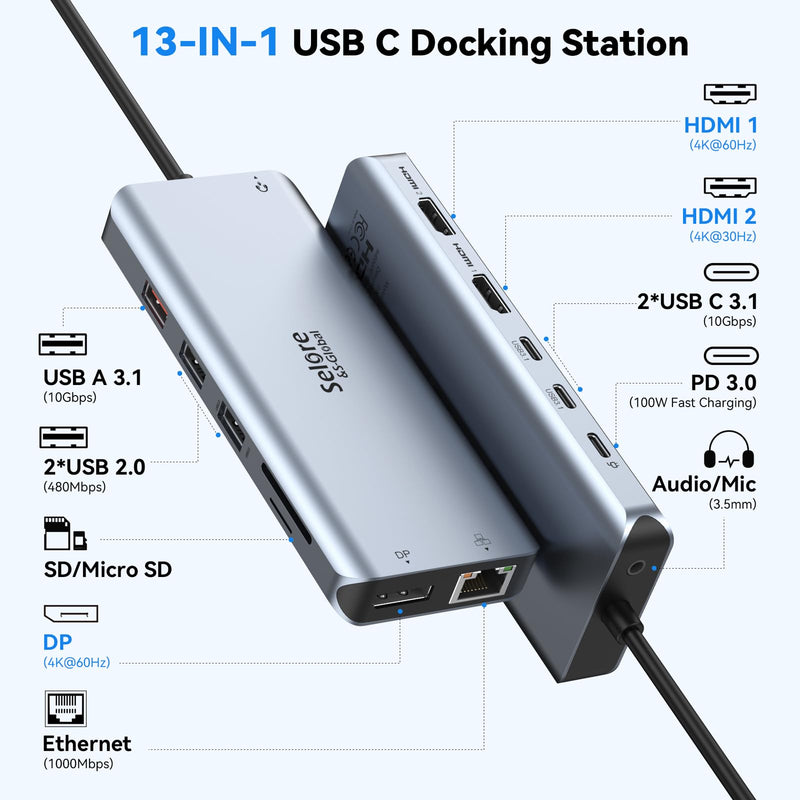 USB C Docking Station Dual Monitor, Selore 13-in-1 Triple Monitor Hub | Dual HDMI, DP, 100W PD, Gigabit Ethernet, 10Gbps USB A/C Ports -Laptop Docking Stations for Dell, HP, Lenovo, MacBook Sliver Gray Dual HDMI+DP