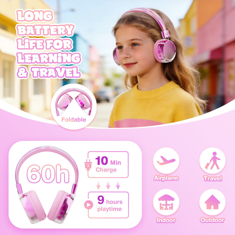 Owliwise Kids Bluetooth Headphones, 74/85dB Volume Limited, 60H Playtime, Built-in Mic, Fast Charging, Bluetooth 5.4, Foldable Toddler Wireless Over-Ear with AUX Cord, for iPad/Tablet/Airplane Pink
