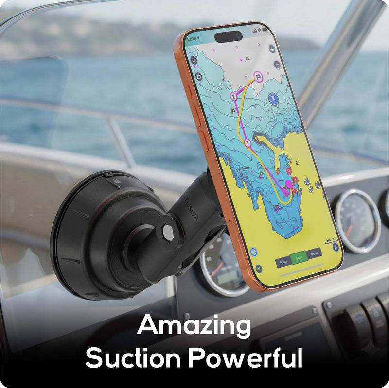 TUSITA Magnetic Car Phone Holder - Twist Lock Suction Cup Base with Double Socket Arm Compatible with Magsafe