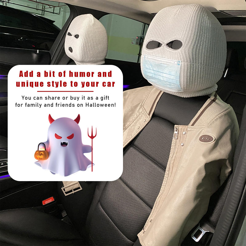 2 PCS Car Headrest Cover, Personalized Funny Car Seat Full Face Mask, Ski Mask Wrap Protection for Auto Front Seat Rest Decoration, Universal Interior Car Accessories (White) White