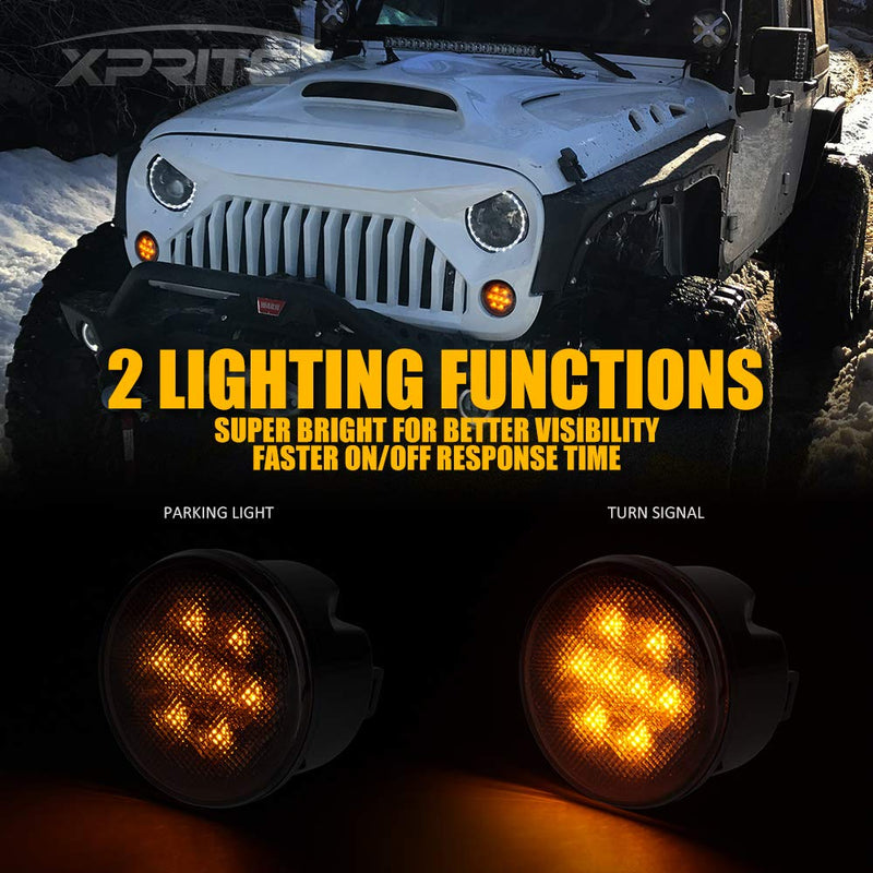 Xprite Smoked Lens Turn Signal Lights & Side Marker Lights Kits, LED Lights Compatible with 2007-2018 Jeep Wrangler JK & Wrangler Unlimited, Amber Smoke Lens