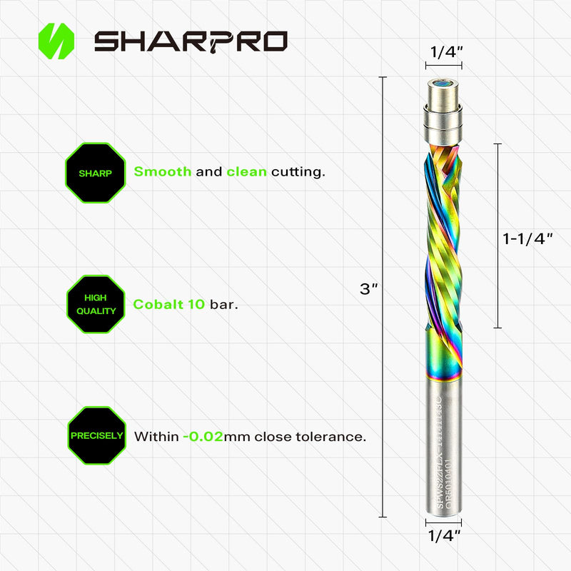 Compression Flush Trim Router Bit 1/4 Inch Shank,Flush Cut Router Bit with Bottom Bearing,Extra Long Coated Carbide Bit，CNC Pattern Woodwork, 1-1/4Inch CL, 3 Inch OVL COMPRESSION CUT