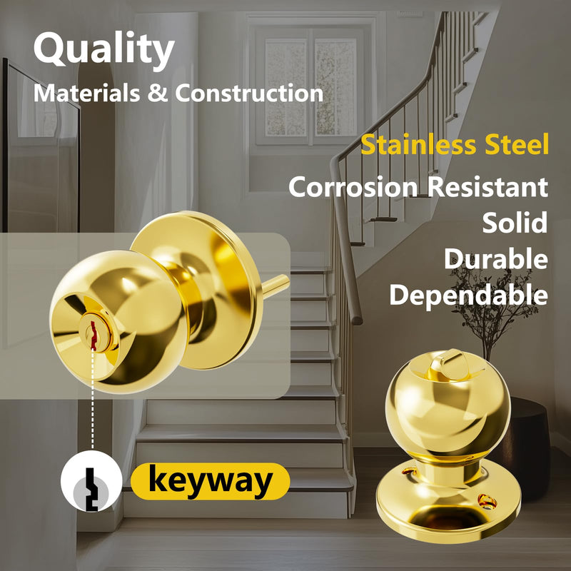 Door Knobs with Lock and Keys, Interior and Exterior Door Lock Standard Ball Door Locks for Bedrooms Bathroom Gold 2