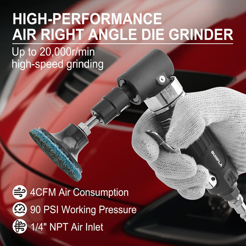 Gunpla 1/4 inch Angle Air Die Grinder, 90 Degree Heavy Duty 20,000 RPM with 26 pcs 2-inch Sanding Discs for Grinding, Deburring, Engraving, Polishing, Engraving and Rust Removal