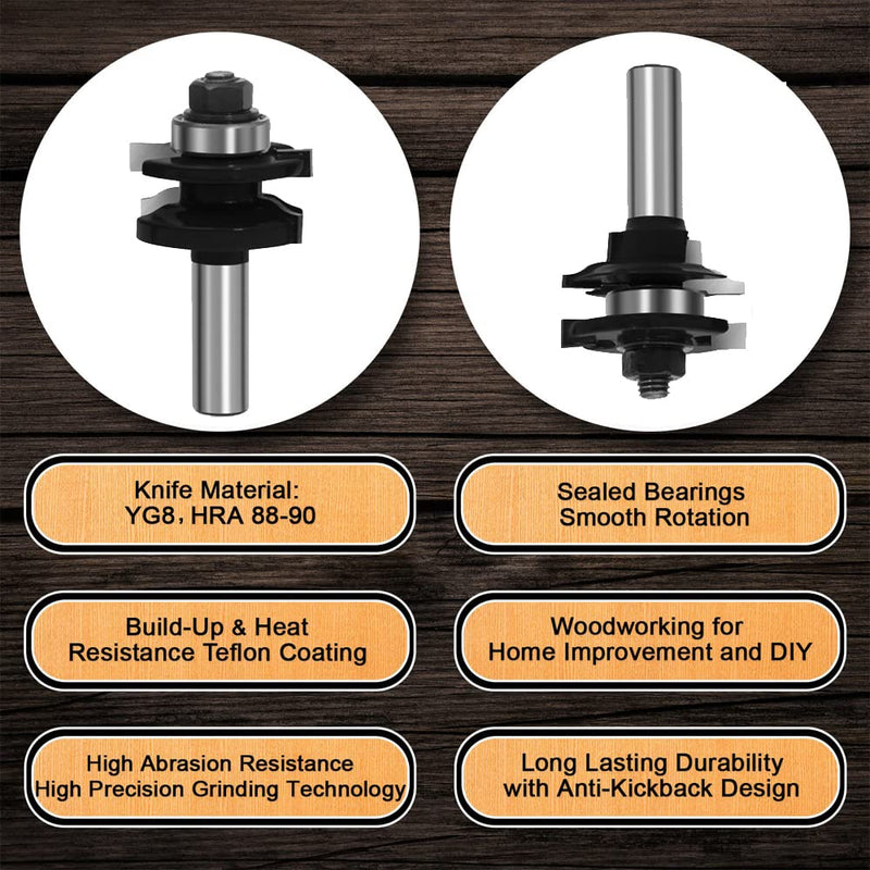 LEATBUY 1/2 Inch Shank Router Bit Set 3 PCS Round Over Raised Panel Cabinet Door Rail and Stile Router Bits, Woodworking Wood Cutter, Wood Carbide Groove Tongue Milling Tool(1/2-Double) TG-6